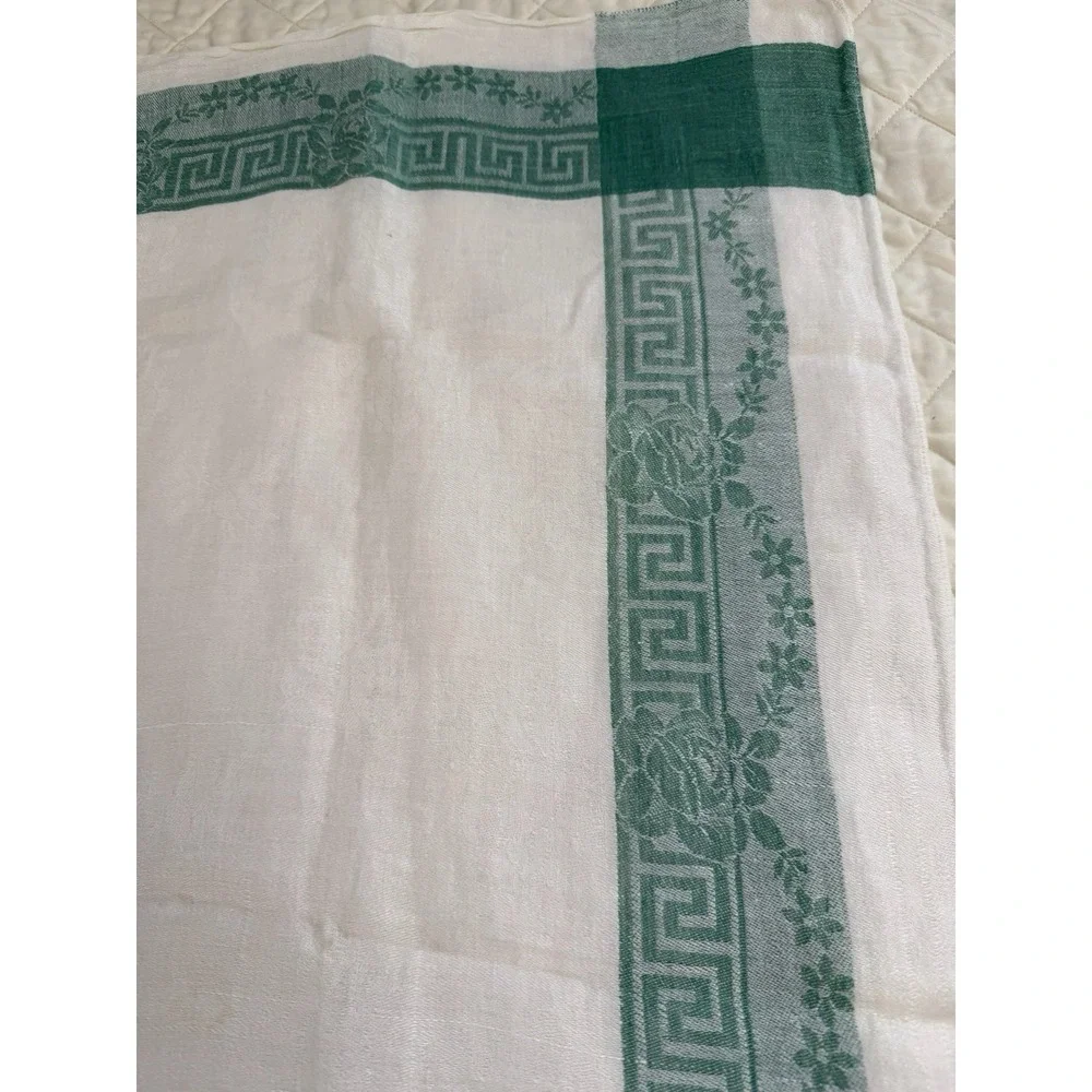 Vintage Linen Damask Tablecloth 32x32 Green Greek Key Floral Border